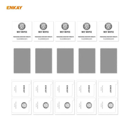 ENKAY Durable Screen Protector For Motorola And Xiaomi Phones accessory kit with wet wipes and microfiber cloths arranged in rows