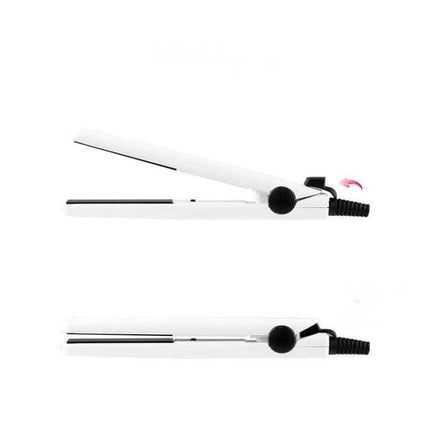 Mini Hair Straightener And Curler One Button Operation compact white travel flat iron and curling clip showing open and closed positions