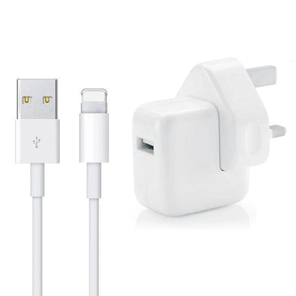 Essential USB charger for daily phone and tablet routines shown with white USB wall adapter and lightning cable for travel and home charging