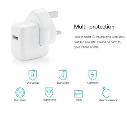 Essential USB charger for daily phone and tablet routines - white compact wall charger with multi-protection icons