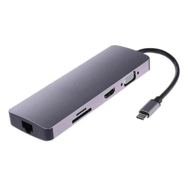 Versatile 8-in-1 Type-C Adapter for HDMI and USB Connectivity shown with HDMI, VGA, Ethernet and card reader ports on a compact hub