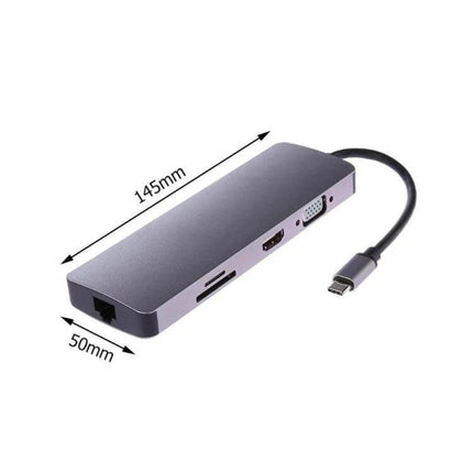 Versatile 8-in-1 Type-C Adapter for HDMI and USB Connectivity - compact aluminum hub with HDMI, VGA, Ethernet, SD card slot and USB-C cable