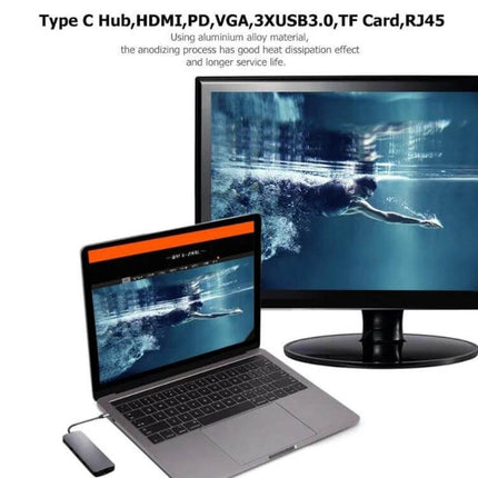 Versatile 8-in-1 Type-C Adapter for HDMI and USB Connectivity shown connected to laptop and 4K external monitor, compact travel hub with Ethernet and USB ports