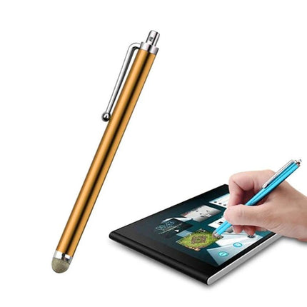 Universal Silver Fiber Tip Stylus for Touch Screens and Tablets - gold stylus pen shown writing on a tablet to prevent smudges and enable precise input