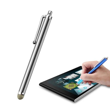 Universal Silver Fiber Tip Stylus for Touch Screens and Tablets - silver stylus with fiber cloth tip used on tablet for precise note-taking and sketching