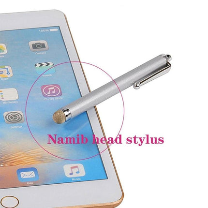Universal Silver Fiber Tip Stylus for Touch Screens and Tablets - silver fiber-tip stylus on tablet for precise, smudge-free input