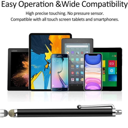 Universal Silver Fiber Tip Stylus for Touch Screens and Tablets - silver fiber tip stylus shown with multiple tablets and smartphones