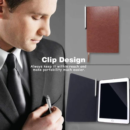 Universal Silver Fiber Tip Stylus for Touch Screens and Tablets shown clipped to a notebook and used with a tablet for precise note-taking