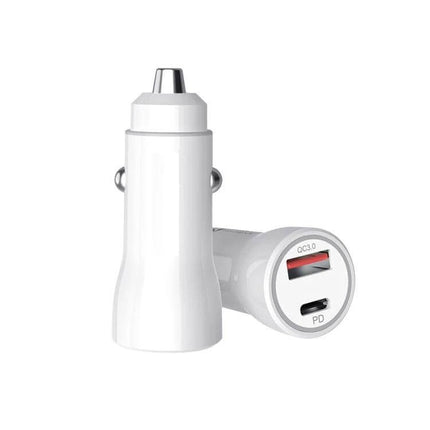 P21 Portable Car Charger PD 20W for Quick On the Go Charging — white dual-port PD and QC car adapter for fast charging (20W PD, 18W QC)
