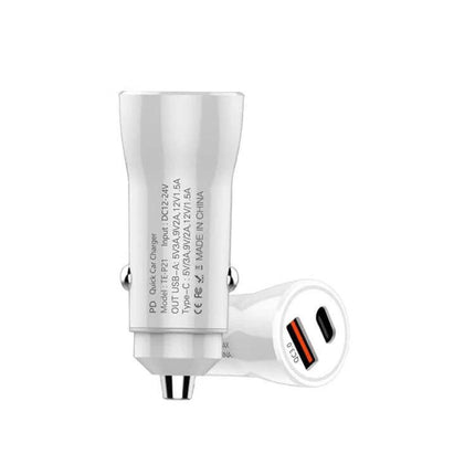 P21 Portable Car Charger PD 20W for Quick On the Go Charging compact white dual-port car charger with USB-C PD and USB-A QC ports