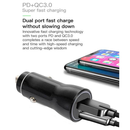 P21 Portable Car Charger PD 20W for Quick On the Go Charging compact dual-port car charger showing two devices charging with PD and QC3.0 support