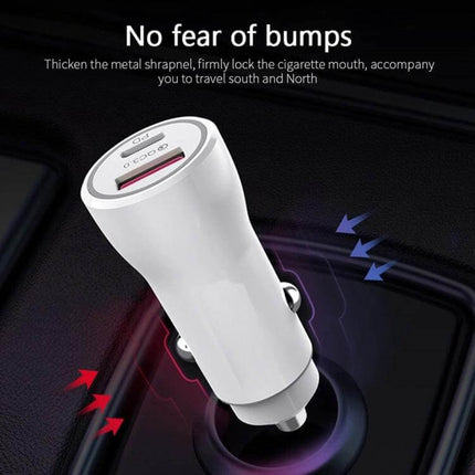 P21 Portable Car Charger PD 20W for Quick On the Go Charging — compact white dual-protocol car USB charger with PD 20W and QC3.0 ports, plugs into 12-24V outlet