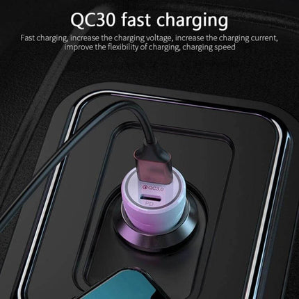 P21 Portable Car Charger PD 20W for Quick On the Go Charging plugged into car outlet showing dual PD and QC3.0 ports and charging cable