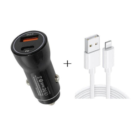 Dual USB Fast Car Charger For Phones And Tablets Everyday - black car charger with PD3.0 Type-C 20W and QC3.0 USB 18W plus white USB cable