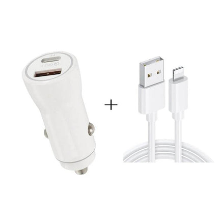 Dual USB Fast Car Charger For Phones And Tablets Everyday white car charger with PD3.0 Type-C 20W and QC3.0 USB 18W plus USB-A to Lightning cable