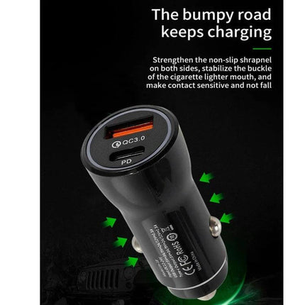Dual USB Fast Car Charger For Phones And Tablets Everyday shown angled in car cigarette lighter port with PD3.0 Type-C 20W and QC3.0 USB 18W ports