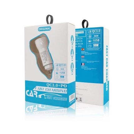 Dual USB Fast Car Charger For Phones And Tablets Everyday in retail packaging showing white fast charger with PD3.0 Type-C 20W and QC3.0 USB 18W ports