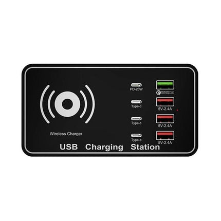 Multi-Port USB Charger Station with Wireless Charging Capability showing 15W wireless pad and multiple USB ports for phones and tablets