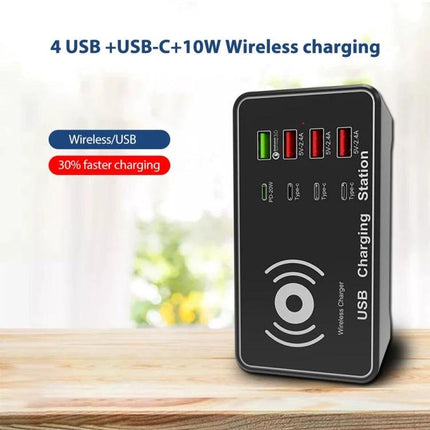 Alt Tag: Multi-Port USB Charger Station with Wireless Charging Capability compact black 4-USB plus USB-C 10W wireless charging dock on wood