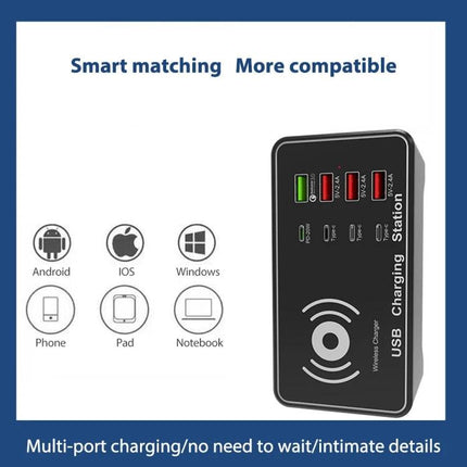 Multi-Port USB Charger Station with Wireless Charging Capability showing black 4-port unit with wireless pad and compatibility icons