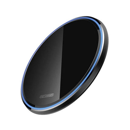 Sleek Mirror Wireless Charger for Daily Home Phone Use on a nightstand, mirror-like round wireless charging pad with blue LED ring
