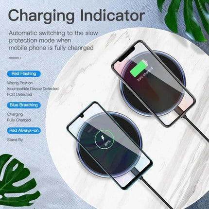 Sleek Mirror Wireless Charger for Daily Home Phone Use on nightstand and desk, mirror-like wireless charging pad with phone showing charge status