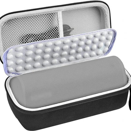 Padded Speaker Carry Bag With Slim EVA Case For Commute in black with zipper, shockproof padded interior and mesh pocket