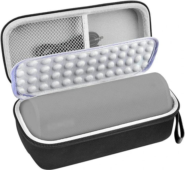 Padded Speaker Carry Bag With Slim EVA Case For Commute in black with zipper, shockproof padded interior and mesh pocket