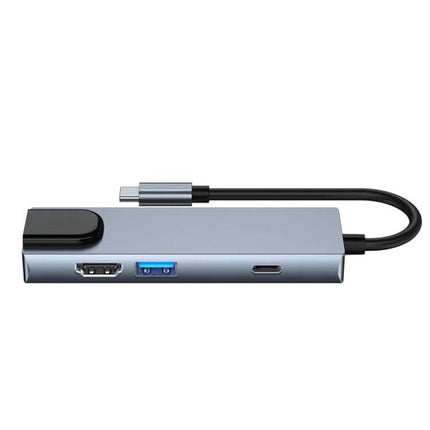 Type-C Multi-Port Hub Adapter for Device Expansion and Connectivity slim aluminum hub with HDMI, USB-A, and USB-C ports for laptops, tablets, and consoles