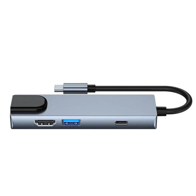 Type-C Multi-Port Hub Adapter for Device Expansion and Connectivity slim aluminum hub with HDMI, USB-A, and USB-C ports for laptops, tablets, and consoles
