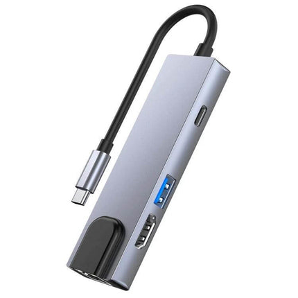 Type-C Multi-Port Hub Adapter for Device Expansion and Connectivity — compact aluminum 6‑port USB-C hub with HDMI, USB-A, SD card slots and PD charging cable