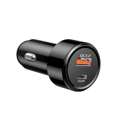 Car Charger With USB C And USB Ports For Phones And Tablets — compact black car charger with QC3.0 USB-A and PD20W USB-C ports