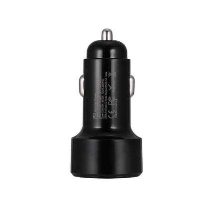Car Charger With USB C And USB Ports For Phones And Tablets - compact black dual-port car charger with USB-C PD3.0 and USB-A QC3.0