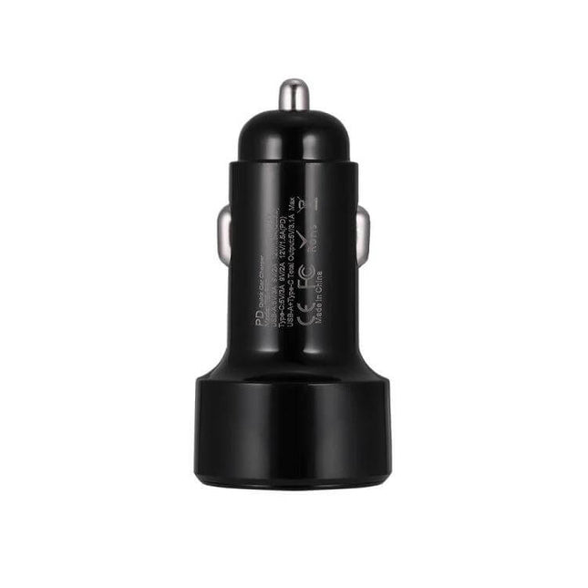 Car Charger With USB C And USB Ports For Phones And Tablets - compact black dual-port car charger with USB-C PD3.0 and USB-A QC3.0