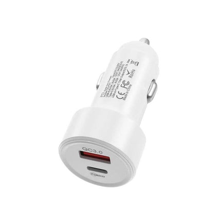 Car Charger With USB C And USB Ports For Phones And Tablets - compact white car charger with PD3.0 USB-C and QC3.0 USB-A ports