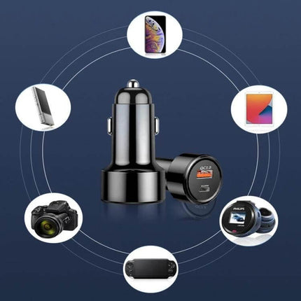 Car Charger With USB C And USB Ports For Phones And Tablets compact PD3.0 Type-C and QC3.0 USB-A dual-port car charger for smartphones and tablets
