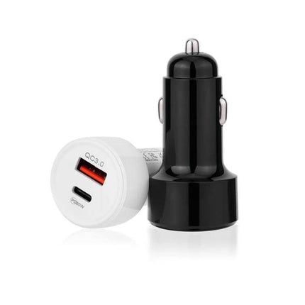 Car Charger With USB C And USB Ports For Phones And Tablets - compact black dual-port car charger with PD3.0 USB-C and QC3.0 USB-A