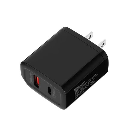 USB Charger for Everyday Device Powering at Home and On the Go — compact black PD3.0 20W USB-A and USB-C fast wall charger