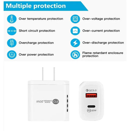 USB Charger for Everyday Device Powering at Home and On the Go - white 20W PD3.0 wall charger with QC3.0 USB-A and USB-C ports and multiple protection icons