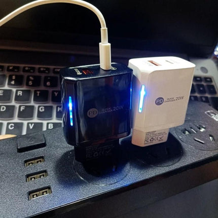 USB Charger for Everyday Device Powering at Home and On the Go — compact PD3.0 20W dual USB fast chargers plugged into a power strip