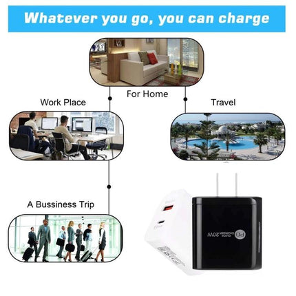 USB Charger for Everyday Device Powering at Home and On the Go showing use at home, workplace, travel and business trips with 20W PD3.0 fast charging