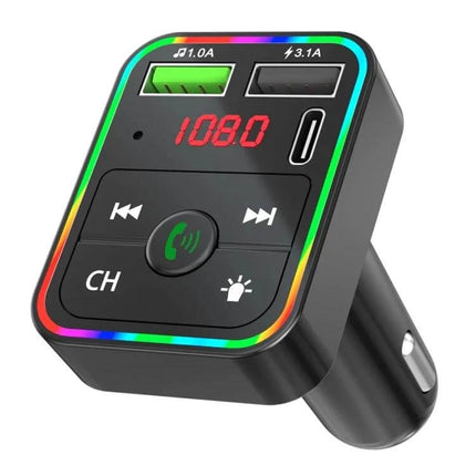 F2 Car FM Transmitter With Bluetooth For In Car Music - black FM transmitter with LED display, dual USB ports, control buttons and car charger plug
