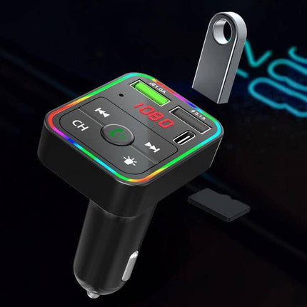 F2 Car FM Transmitter With Bluetooth For In Car Music — compact car charger transmitter with USB, TF slot, FM display and hands-free call button