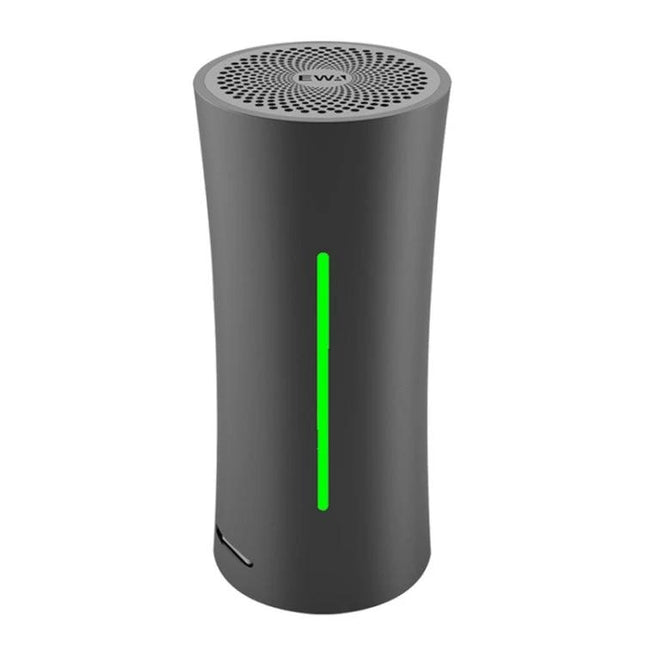 EWA Compact Bluetooth Speaker For Outdoor And Home Use sleek gray portable speaker with green LED and IPX6 splash resistance