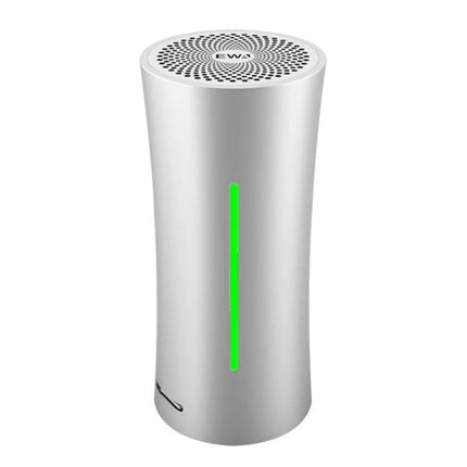 EWA Compact Bluetooth Speaker For Outdoor And Home Use compact silver portable speaker with green LED and top grille