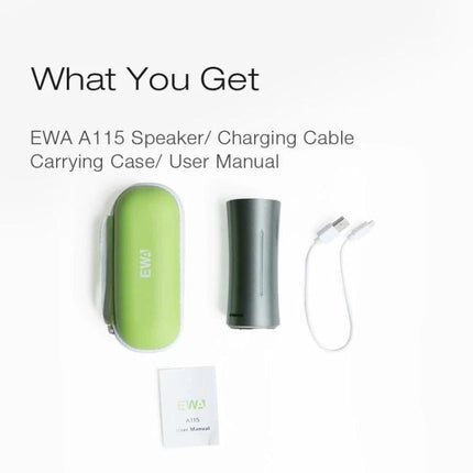 EWA Compact Bluetooth Speaker For Outdoor And Home Use showing speaker, green case, charging cable and user manual