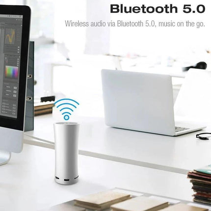 EWA Compact Bluetooth Speaker For Outdoor And Home Use shown on desk Bluetooth 5.0 compact portable