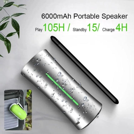 EWA Compact Bluetooth Speaker For Outdoor And Home Use showing silver IPX6 speaker with water drops and 6000mAh battery specs