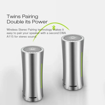 EWA Compact Bluetooth Speaker For Outdoor And Home Use showing twin A115 speakers paired for stereo with green pairing arrows