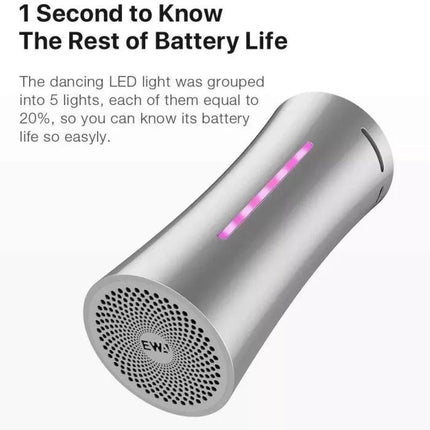 EWA Compact Bluetooth Speaker For Outdoor And Home Use showing LED battery indicator and metal silver cylindrical body